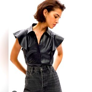 NWT GAP- Vegan Leather Flutter Sleeve Shirt- Black